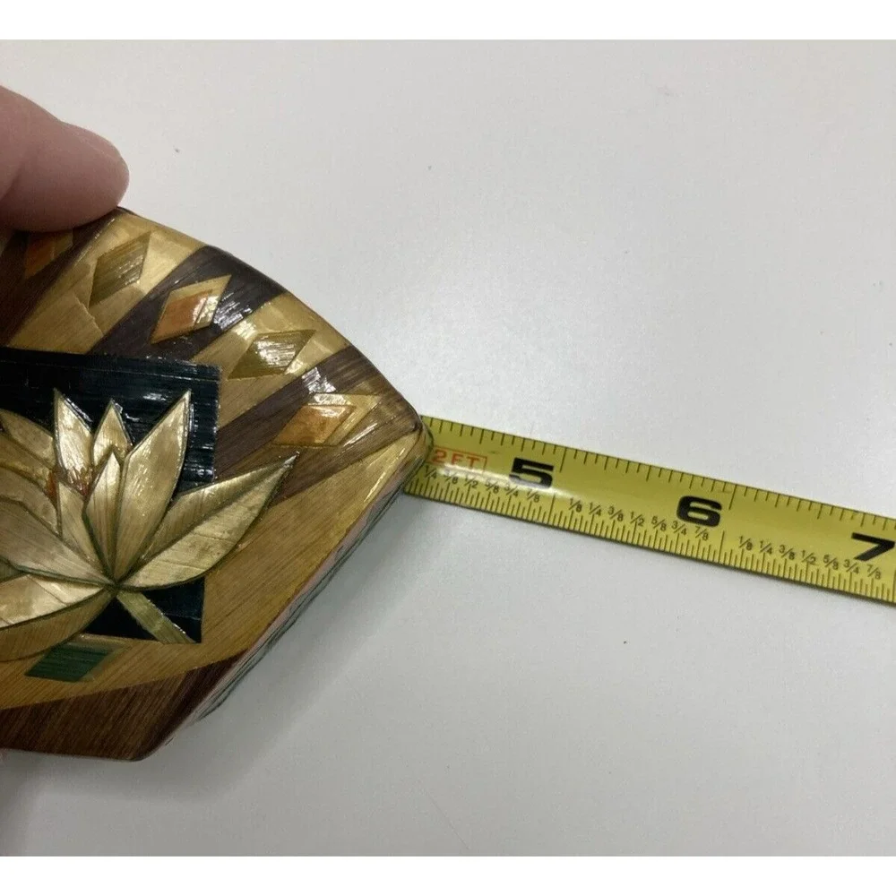 Vtg Set Of‎ 2 Handmade Nesting Trinket Boxes Lotus Flower Bamboo Inlay Lacquered